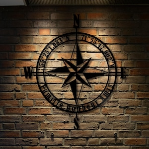 Metal Nautical Compass Rose , Outdoor Home Decor , Custom  GPS Coordinates , Wall Compass , Metal Wall Art , Custom Sign , Large Decor