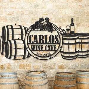 Personalized Metal Wine Cellar Wall Decor - Rustic Wine Barrel Design - Named Wine Cellar Decor