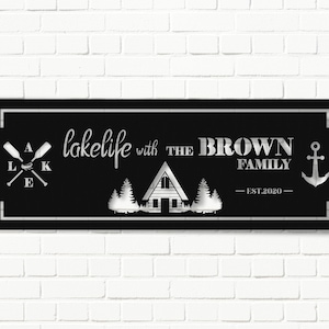 Personalized Metal Sign For Lake House with Wooden Cabin ,Tree,Lake, and Canoe Themes
