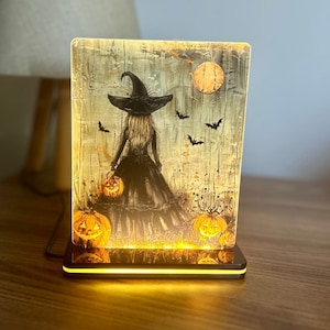 Halloween Themed Night Light with Witch, Bats, Full Moon and Pumpkins