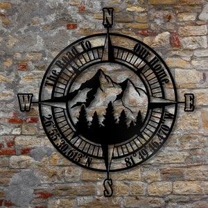 Custom Metal Compass Coordinates Sign , Mountain Metal Sign , Nautical Compass Rose , Mountain Wall Art