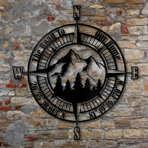 Custom Metal Compass Coordinates Sign , Outdoor Home Decor , Mountain Metal Sign , Nautical Compass Rose , Mountain Wall Art