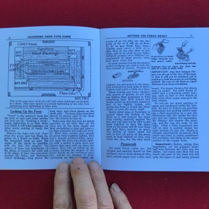 May include: A close-up of a page from a printing instruction manual. The page shows a diagram of a type form with the text "Chase (frame)", "Furniture (Wood-Blocking)", "Note Space", "Type Lines", and "Chase Irons". The page also includes instructions on how to "Fasten Your Type Form" and "Get the Press Ready".