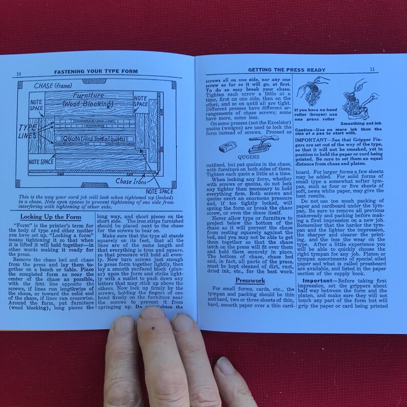 May include: A close-up of a page from a printing instruction manual. The page shows a diagram of a type form with the text "Chase (frame)", "Furniture (Wood-Blocking)", "Note Space", "Type Lines", and "Chase Irons". The page also includes instructions on how to "Fasten Your Type Form" and "Get the Press Ready".