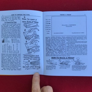 May include: A vintage guide to typesetting, showing how to unpack and make a proof of type. The guide includes illustrations and instructions for opening a new font of type, unwrapping and making a proof, and making a proof with a galley, ink, and a planer.