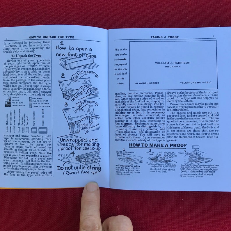 May include: A vintage guide to typesetting, showing how to unpack and make a proof of type. The guide includes illustrations and instructions for opening a new font of type, unwrapping and making a proof, and making a proof with a galley, ink, and a planer.