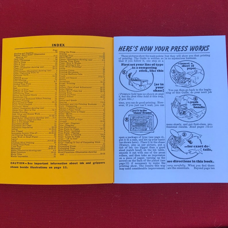 May include: A yellow and white guidebook with the title "Here's How Your Press Works" and illustrations showing how to use a printing press. The text includes instructions on how to insert a sheet of paper, set the type, and push down the handle.