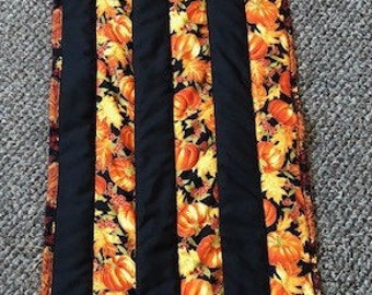 Quilted reversible Harvest pumpkins and Autumn leaves Table Runner