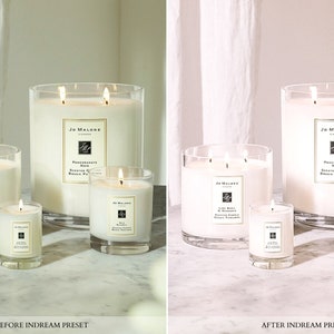 May include: Four glass candle jars with lids, two with three wicks and two with one wick. The candles are lit and the jars are on a white marble surface. The candles are labeled "Jo Malone London" and have different scents: "Pomegranate Noir", "Lime Basil & Mandarin", and "Red Roses & Honey".