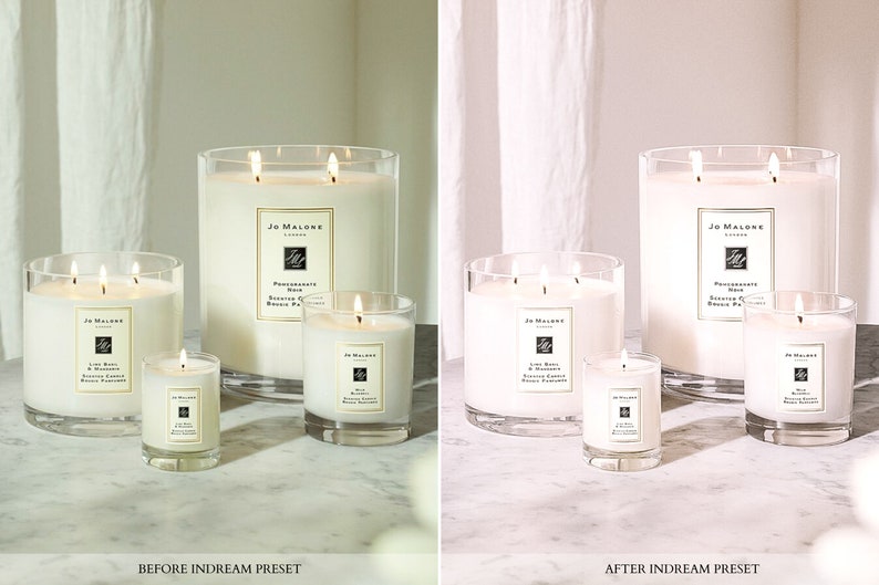 May include: Four glass candle jars with lids, two with three wicks and two with one wick. The candles are lit and the jars are on a white marble surface. The candles are labeled "Jo Malone London" and have different scents: "Pomegranate Noir", "Lime Basil & Mandarin", and "Red Roses & Honey".