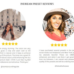 May include: Two customer reviews for photo editing presets. The first review is from @rachelaroundtheglobe and includes a five-star rating. The second review is from @followthefreeses and also includes a five-star rating.
