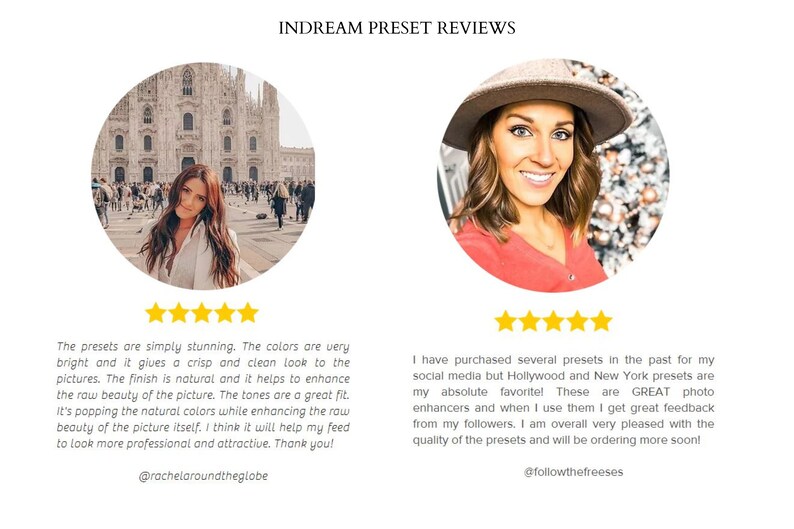 May include: Two customer reviews for photo editing presets. The first review is from @rachelaroundtheglobe and includes a five-star rating. The second review is from @followthefreeses and also includes a five-star rating.