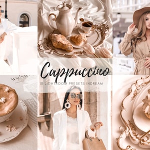 May include: A collage of images featuring a cappuccino, a woman wearing a white blazer and sunglasses, a woman wearing a beige trench coat and a hat, and a cupcake with white frosting. The text "Cappuccino" and "10 Lightroom Presets Indream" is displayed on the collage.