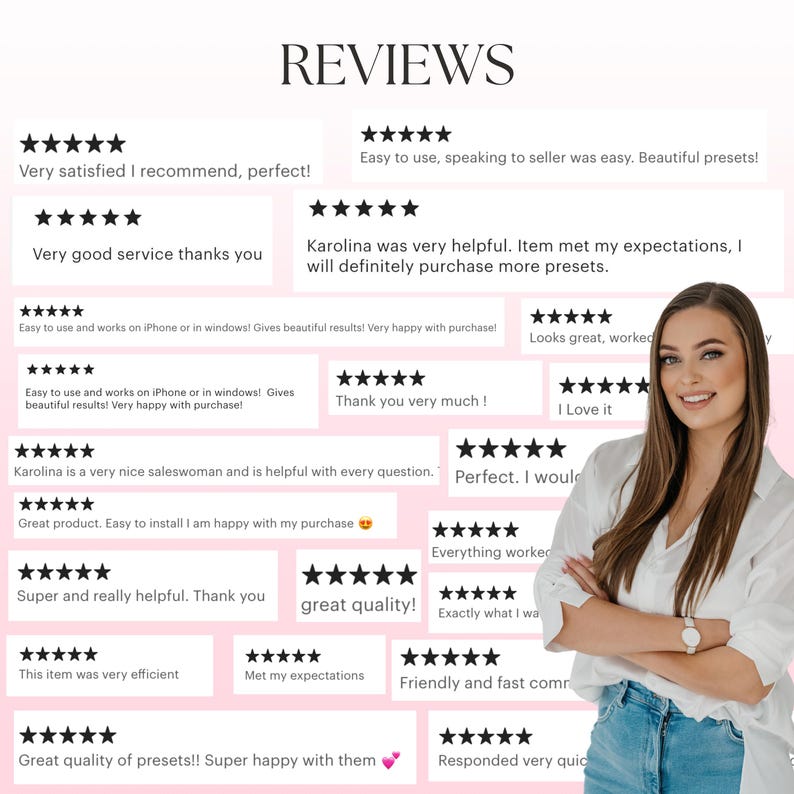May include: A collage of customer reviews for a digital product, featuring five-star ratings and positive comments. The reviews highlight the product's ease of use, helpfulness, and high quality. The image also includes a photo of a woman with a happy expression, suggesting customer satisfaction.
