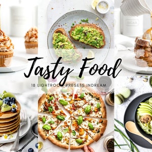 May include: A collage of images featuring various food items, including cupcakes, avocado toast, French toast, pancakes, pizza, and a green smoothie. The text "Tasty Food 18 Lightroom Presets Indream" is displayed in the centre of the collage.