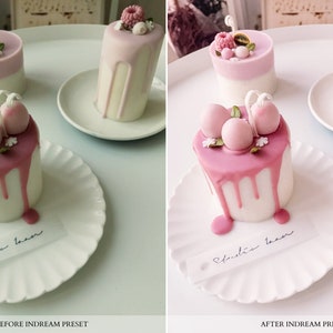 May include: Two pink and white frosted cakes with pink drizzled icing and white flowers on top. The cakes are on white plates with the text "Studio Bloom" on a tag.