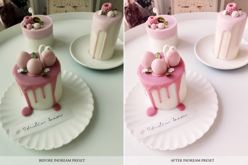 May include: Two pink and white frosted cakes with pink drizzled icing and white flowers on top. The cakes are on white plates with the text "Studio Bloom" on a tag.