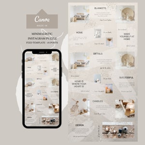 May include: A minimalist Instagram puzzle feed template with 18 posts. The design features images of home decor, including blankets, candles, and decorative items. The template is in neutral tones with text overlays.