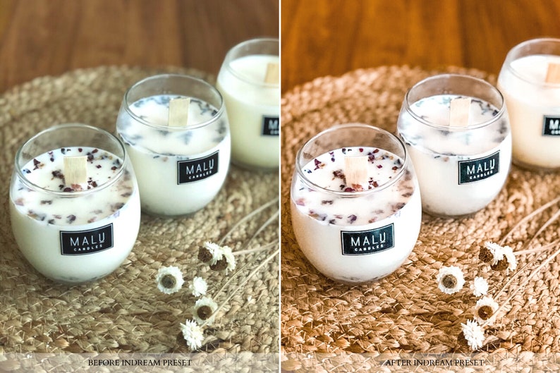 May include: Three glass candle jars with white wax and dried flower petals. The jars have black labels with the text "MALU CANDLES". The jars are sitting on a woven brown mat.