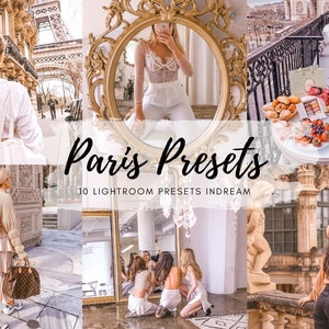 May include: A collage of images featuring Parisian landmarks and fashion. The text "Paris Presets" and "10 Lightroom Presets Indream" are displayed on a white background.