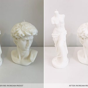 May include: Two white candle sculptures, one of a female figure and the other of a male bust, before and after applying a photo filter. The sculptures are made of white wax and have a realistic appearance.