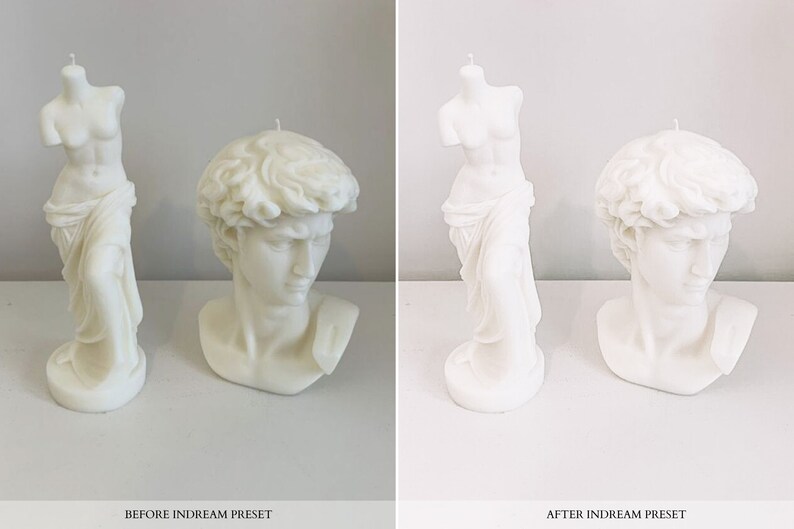 May include: Two white candle sculptures, one of a female figure and the other of a male bust, before and after applying a photo filter. The sculptures are made of white wax and have a realistic appearance.