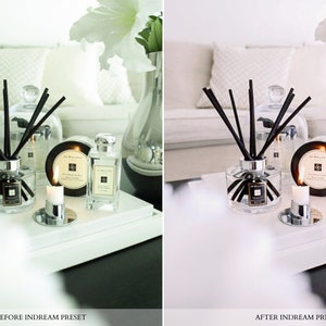May include: A white tray with two glass bottles of Jo Malone cologne, a candle, and a diffuser with black reeds. The bottles and diffuser are on a white tray with a black background.