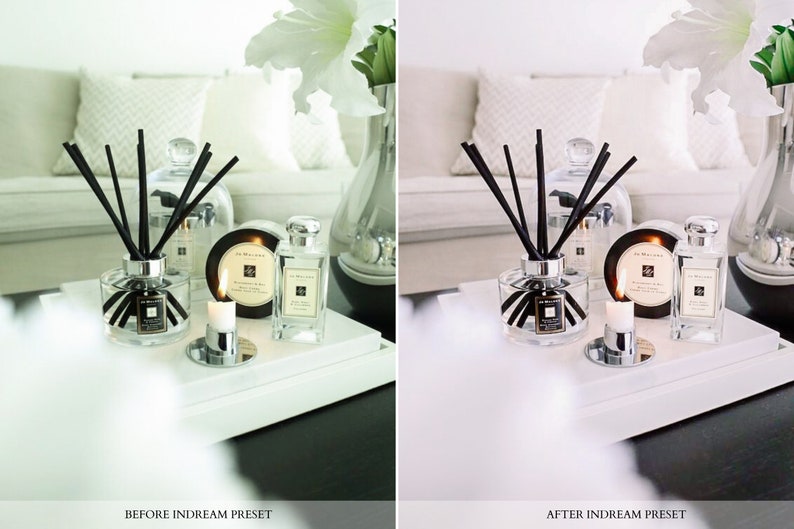 May include: A white tray with two glass bottles of Jo Malone cologne, a candle, and a diffuser with black reeds. The bottles and diffuser are on a white tray with a black background.