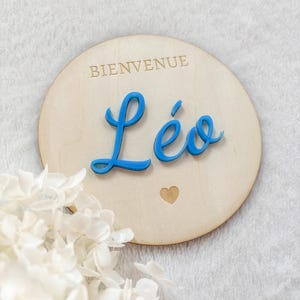 Carte naissance bébé Bienvenue avec prénom  en bois et Plexiglas