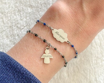 Personalized engraved Angel/Cloud bracelet on a colored pearl chain - Stainless steel