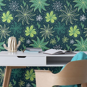 Dark Abstract Green Flowers and Leaves Wallpaper, Botanical Pattern, Self Adhesive, Peel & Stick or Vinyl, Removable Wallpaper