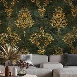 Tapete mit mattem Damastmuster in Grün und Gold, wunderschönes Ornamentmotiv | Selbstklebende Tapete, abziehen und aufkleben, abnehmbar