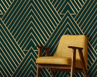 Dark green matte wallpaper with gold diamond line pattern | Self Adhesive, Peel & Stick, Removable wallpaper