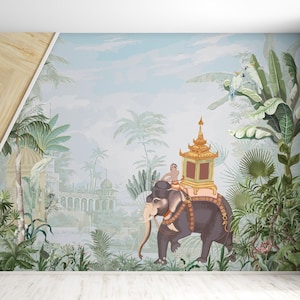 Mughal Thailand Garten-Tapete, Mann und Elefant, tropische Bäume, Druck [Wanddekoration, abziehen und aufkleben (selbstklebend) oder Antihaft-Tapete]