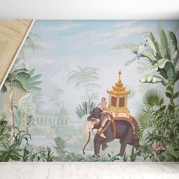 Papier peint de jardin moghol de Thaïlande, homme et éléphant, impression d'arbres tropicaux [décoration murale, décoller et coller (auto-adhésif) ou papier peint antiadhésif]