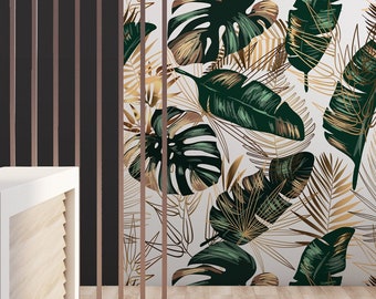 Groen en goudkleurig mat behang met tropische bladeren, bananen- en palmbladeren | Zelfklevend, afneembaar behang