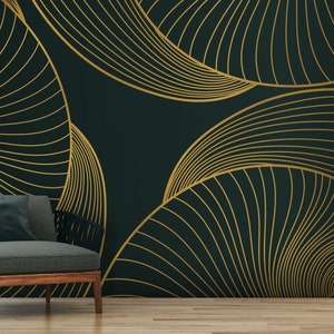 Dunkelgrüne und goldmatte Tapete mit geometrischem Muster | Selbstklebende, abziehbare Tapete