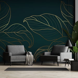 Dark teal and gold line art leaves pattern wallpaper | Self Adhesive, Peel & Stick, Removable wallpaper