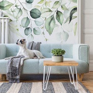 Aquarelltapete mit grünen Blättern und Zweigen, Wandkunst, selbstklebend, abziehen und aufkleben, abnehmbares Wandbild