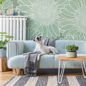 Abstrakte Tapete mit grünen Sonnenblumen, florales Wandbild, selbstklebend, abziehen und aufkleben oder Vinyl, abnehmbare Tapete