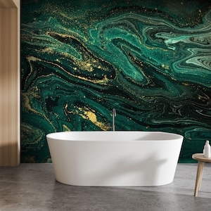 Dark green and gold matte marble stone mural, acrylic paint swirls pattern | Self Adhesive, Peel & Stick, Removable wallpaper