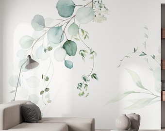 Watercolor floral wallpaper, green leaf, Self Adhesive, Peel and Stick, Removable wall mural