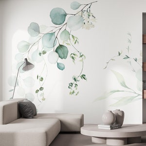 Aquarell-Blumentapete, grünes Blatt, selbstklebend, abziehen und aufkleben, abnehmbares Wandbild