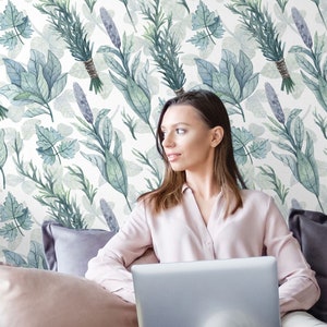 Green Leaves and Herbs Watercolor Wall Mural, Abstract Botanical Wallpaper, Self Adhesive, Peel & Stick or Vinyl, Removable Wallpaper