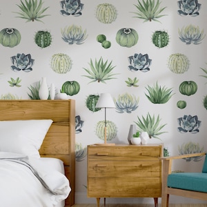 Carta da parati floreale ad acquerello con cactus e piante grasse, decorazione murale, autoadesiva, stacca e incolla, carta da parati rimovibile