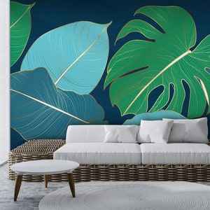 Carta da parati verde e blu opaca con foglie di monstera, motivo vettoriale a foglia della giungla | Carta da parati autoadesiva, stacca e incolla, rimovibile