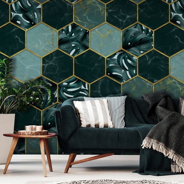 Dark green hexagon monstera leaf pattern wallpaper | Self Adhesive, Peel & Stick, Removable wallpaper