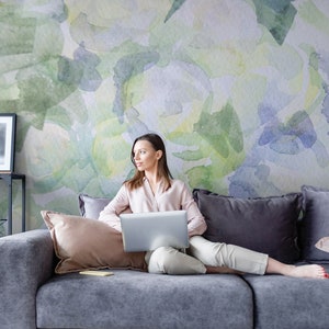 Watercolor abstract wallpaper, light green brush strokes, Self Adhesive, Wall Decor, Peel and Stick, Temporary, Removable Wall Mural