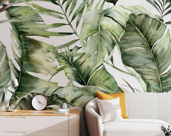 Aquarelbehang met grote palm- en bananenbladeren in groen, tropisch patroon | Zelfklevend, afneembaar behang