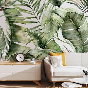 Carta da parati acquerello verde con grandi foglie di palma e foglie di banano, motivo tropicale | Carta da parati autoadesiva, stacca e incolla, rimovibile